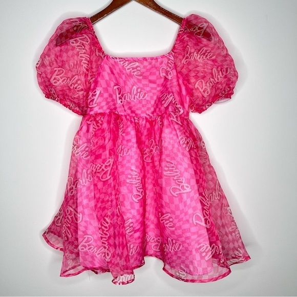Barbie Organza Mesh Baby Doll Pink Graphic Dress Girls XL 14 - Picture 2 of 7